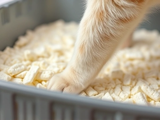 A close-up, detailed shot of a cat's paw stepping into a litter box filled with clean, fresh tofu cat litter. The image highlights the texture and clumping ability, with a soft background of other litter types blurred. Focus on 