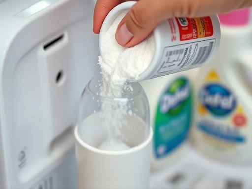 Close-up of a hand pouring powder detergent into a dishwasher dispenser, with other detergent types subtly blurred in the background. Emphasize the action and the different textures of the detergents. Macro shot.
