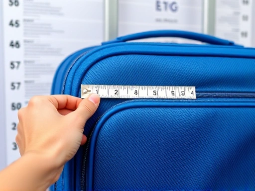 A close-up shot of a hand precisely measuring a blue carry-on bag against an airline sizer, focusing on the bag's dimensions and textured fabric, with a clear measuring tape visible.