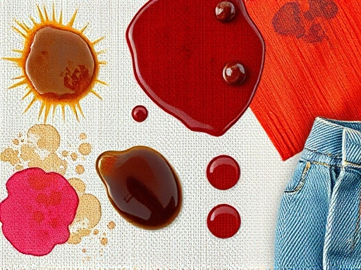 A close-up shot of different common stains (coffee, red wine, oil, ink) on various fabric textures (cotton, linen, denim), with a sense of texture and depth. Show the contrast between the stain and the clean fabric, implying the need for effective removal. Focus on the details of the stained areas, highlighting the challenge they present. Incorporate keywords: fabric stains, tough marks, textile damage, detailed view.