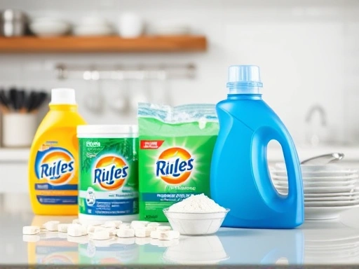 A detailed shot of various dishwasher detergent types (tablets, powder, gel) arranged on a kitchen counter, with sparkling clean dishes in the background. Focus on packaging and texture differences. High-key lighting, bright and clean.