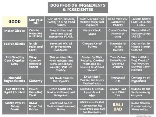 A detailed, informative chart illustrating different categories of dog food ingredients and their roles, with examples of good and bad components, relevant for dog food ingredient analysis.