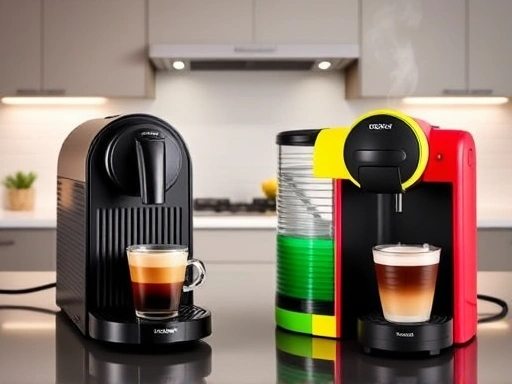 A side-by-side comparison of a sleek black Nespresso Original machine and a colorful Dolce Gusto machine on a modern kitchen counter, with steam rising from coffee cups. Focus on the contrasting designs and coffee types.