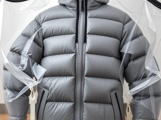 A close-up shot of a thick down jacket being placed inside a clear vacuum compression bag, with air being drawn out, showing the process of the jacket flattening and shrinking, emphasizing the reduction in volume. Focus on the texture change of the fabric.