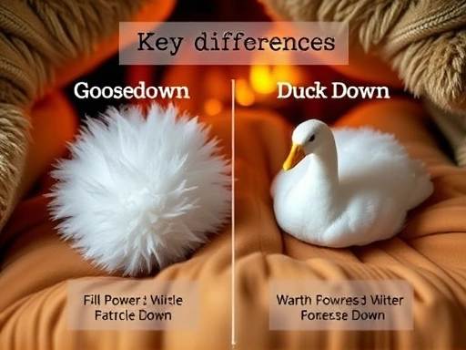 An educational image illustrating the key differences between goose down and duck down feathers, with labels for fill power and warmth, in a cozy, warm setting, clearly distinguishing their characteristics.
