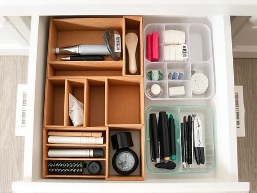 A neatly organized drawer with both DIY-style cardboard dividers and modern ready-made plastic organizers, showcasing a mix-and-match approach. Focus on efficient space utilization and various items. SEO: drawer organizer, DIY, ready-made, storage solutions.