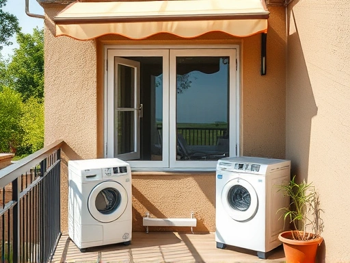 A cozy, slightly rustic balcony with a compact dryer next to a window, protected from direct sunlight by a simple awning. Emphasize ventilation and thoughtful placement. SEO keywords: balcony dryer, outdoor installation, compact appliance.