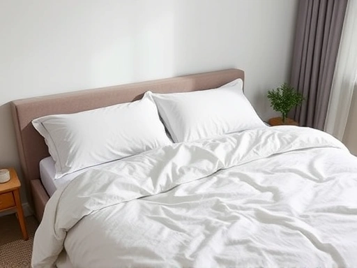 A neatly made bed with durable, high-quality bedding, showing texture and warmth, with small icons or thought bubbles suggesting 
