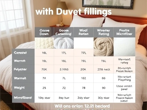 A detailed comparison chart illustrating various duvet fillings like goose down, wool, polyester, and microfiber, showing their warmth ratings, weight, and texture, set against a cozy bedroom backdrop.