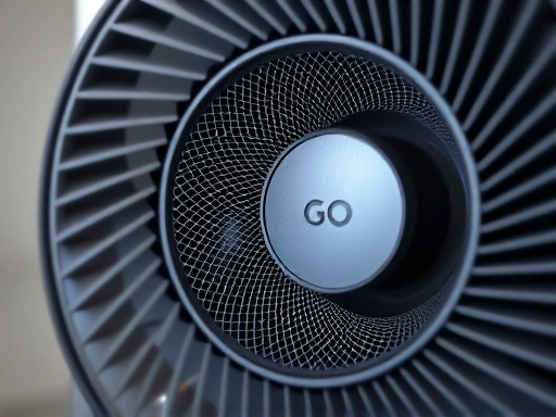 A close-up shot of a Dyson fan's filter system, highlighting the HEPA filter's intricate structure and demonstrating the advanced air purification technology, with a focus on clean air.