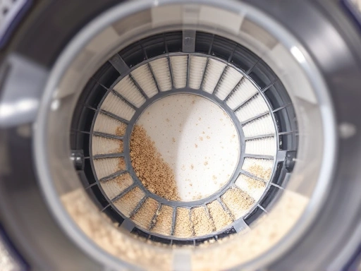 A close-up shot of a Dyson V15 cordless vacuum cleaner's transparent dustbin filled with fine dust and debris, with a clean HEPA filter clearly visible inside, illustrating efficient filtration and ease of maintenance.