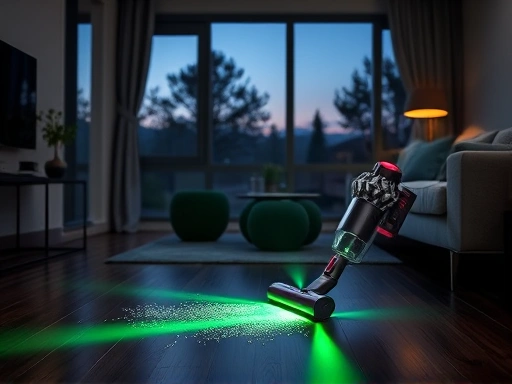 A modern living room at dusk, with a Dyson V15 cordless vacuum cleaner illuminating dust with its green laser light on a dark wooden floor, emphasizing cleanliness and advanced technology.