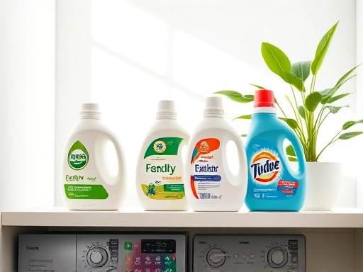 A clean, brightly lit laundry room with eco-friendly and conventional detergent bottles side by side on a shelf, highlighting a sense of choice and comparison, with a green plant in the background.