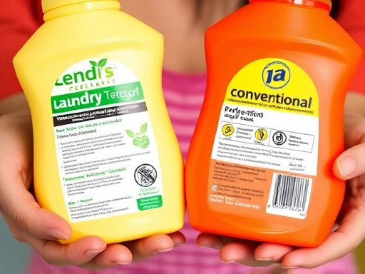 Close-up of hands comparing two laundry detergent labels, one green-themed for eco-friendly and one vibrant for conventional, with a focus on ingredient lists and certification symbols.