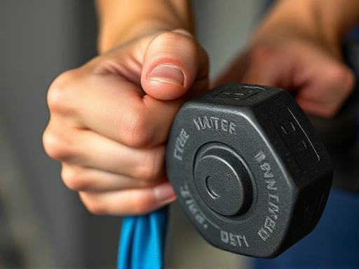 Close-up of a hand gripping a resistance band, showing the tension, and next to it, a hand gripping a dumbbell, highlighting the different textures and resistance types. Focus on the details of strength training tools.