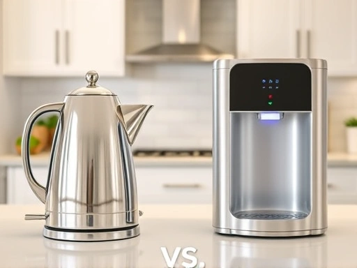 A detailed comparison image showing an elegant electric kettle next to a modern electric hot water dispenser in a bright, clean kitchen, highlighting their differences for a home appliance blog post.