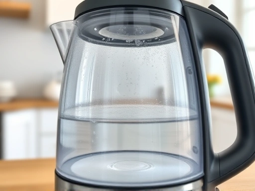 A close-up shot of a modern electric kettle with visible white limescale deposits inside, contrasting with clean kitchen background, focusing on the problem of water stains in electric kettle, capturing the scale inside.