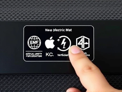 A close-up shot of an electric mat's product label clearly displaying official EMF safety certification and KC marks. A finger points to the verification marks.