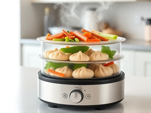 A modern electric food steamer with transparent trays filled with vibrant, healthy vegetables and dumplings, steam rising, on a clean kitchen counter, bright and minimalist background, professional product photography.