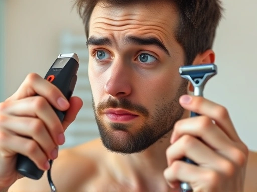 A man with sensitive skin carefully comparing an electric shaver and a manual razor, with a focused and slightly concerned expression, good lighting, clean bathroom background.