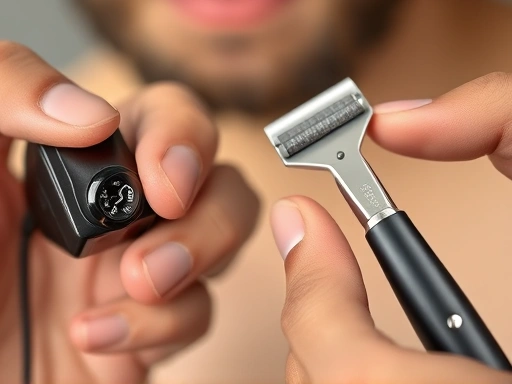 Close-up of a hand holding a modern electric shaver next to a hand holding a traditional manual razor, illustrating the different blade mechanisms and their contact with skin, detailed and sharp.