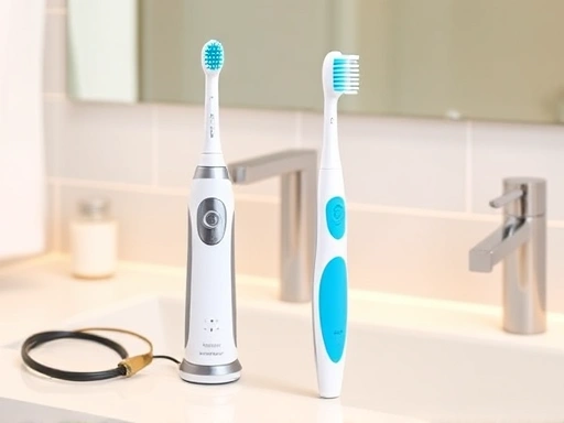 A detailed comparison between an electric toothbrush and a manual toothbrush, focusing on plaque removal effectiveness, set against a clean bathroom counter, with scientific and medical elements subtly present, SEO keywords: electric toothbrush, manual toothbrush, plaque removal, oral hygiene.