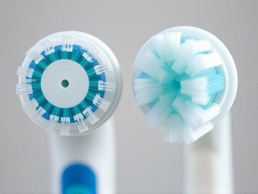 A close-up of a rotating electric toothbrush head and a soft-bristled manual toothbrush head, with subtle indications of microscopic plaque removal, highlighting their distinct designs and mechanisms. SEO keywords: toothbrush head, plaque removal mechanism, rotary, sonic.