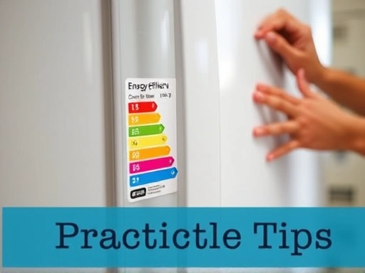 Close-up of a refrigerator's energy efficiency label, clearly showing the grade, with a blurred background of hands performing energy-saving actions like cleaning coils or checking door seals, emphasizing practical tips.