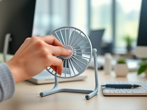 A close-up shot of a person's hand adjusting the settings on a small, ergonomic USB desk fan in an office environment, highlighting the fan's quiet operation and adjustable features. The background is softly blurred to keep focus on the fan and hand, with subtle hints of a productive workspace, emphasizing the user's experience.