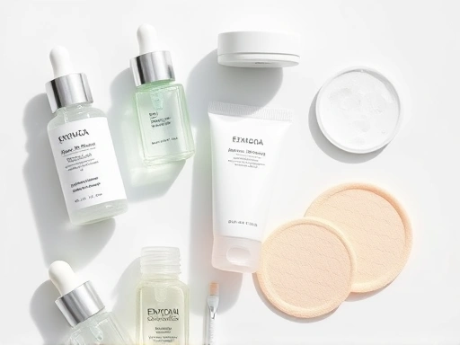 A close-up, high-angle shot of a variety of skincare products arranged on a minimalist white surface, featuring different exfoliation tools like small bottles of AHA/BHA serums, a delicate peeling gel tube, and soft exfoliating pads, emphasizing effectiveness and gentle care, with bright, clean lighting.