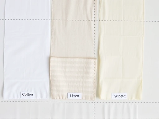 A detailed top-down view of different fabric swatches (cotton, linen, synthetic) laid out, each with a small label indicating a different fabric softener scent. There are faint lines showing where scents might be compared, on a clean, light surface, emphasizing a testing environment.