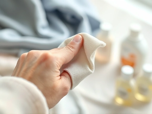 A close-up shot of a hand gently sniffing a piece of freshly laundered fabric, with a blurry background of other fabric samples and small bottles of fabric softener. The focus is on the act of evaluating scent longevity, with a sense of careful observation.