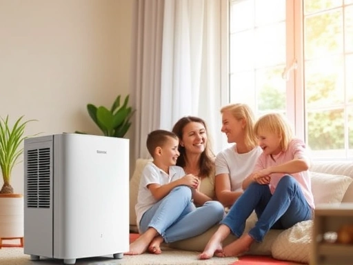 A family enjoying a cool and dry home, a sleek, modern dehumidifier subtly in the background, sunlight streaming through a window, comfortable and happy atmosphere.