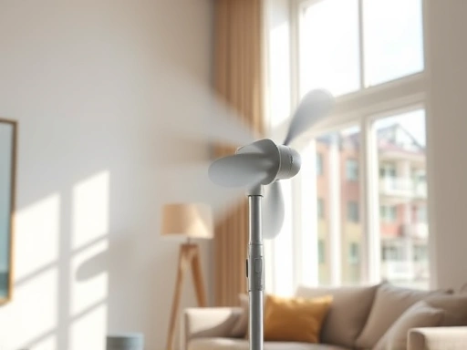 A modern, sleek fan blowing a gentle breeze, with sunlight filtering through a window in a minimalist living room, highlighting the airy feel. Keywords: modern fan, gentle breeze, living room, airy.