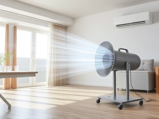 A powerful circulator pushing air across a spacious room, depicted with clear airflow lines and an air conditioner in the background, emphasizing efficient air circulation and cooling. Keywords: powerful circulator, air circulation, cooling efficiency, spacious room.