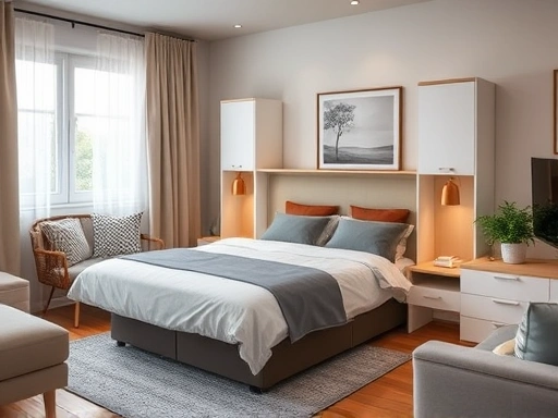 A cozy, modern living room with a neatly folded compact guest bed tucked away, ready for use, showing space-saving innovation and welcoming ambiance.