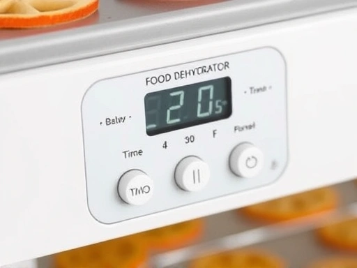 A close-up shot of a food dehydrator's control panel, showing temperature and timer settings. The focus is on the digital display and control buttons, suggesting user-friendliness and precision.