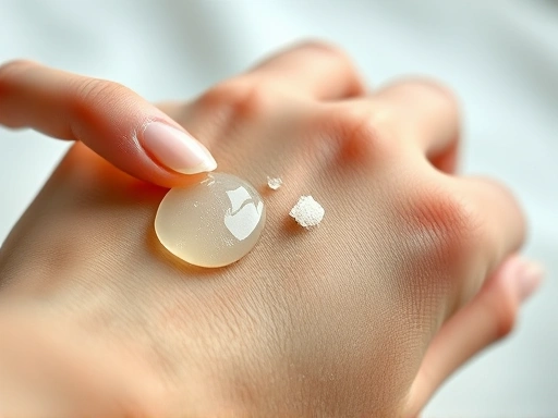 A detailed, macro shot focusing on the texture of a hand gently applying a translucent peeling gel onto the back of another hand, showing tiny, soft exfoliants clumping up on the skin, illustrating the gentle physical exfoliation process. The background is softly blurred to keep the focus on the skin and product.