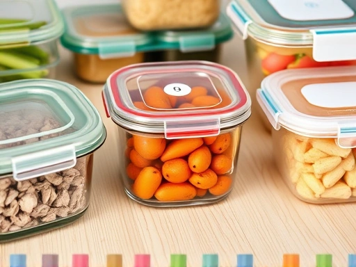 A close-up shot of different food storage containers on a light wooden table, highlighting the texture and clarity of glass next to the lightweight, colorful plastic options, emphasizing details like seals and labels.