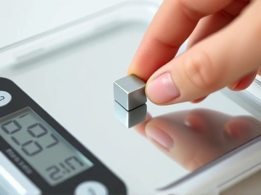 Close-up of a hand carefully calibrating a digital kitchen scale using a small, precise calibration weight, focusing on the clear display and intricate details, highlighting accuracy and technological precision. 