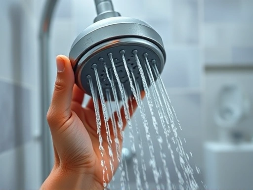 A close-up shot of a hand holding a shower head under a stream of water, clearly showing the water flow and texture, against a blurred bathroom background for demonstrating water pressure. 