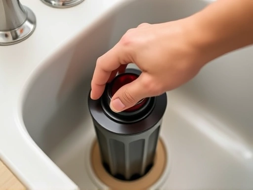 A close-up shot of a hand operating the switch of an installed food waste disposer in a kitchen sink, emphasizing ease of use and the immediate action of disposal. Includes keywords: food waste disposer, kitchen sink, easy operation, immediate disposal.