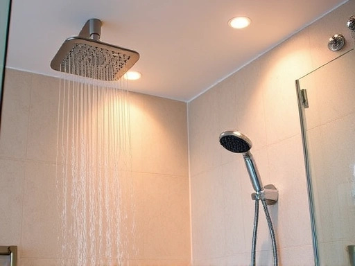 A modern bathroom with both a sleek fixed rain shower head installed on the ceiling and a versatile hand shower attached to the wall, highlighting their distinct functions and design aesthetics, with warm, inviting lighting. Focus on the shower area.