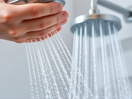 A close-up shot showing the detailed spray patterns of a hand shower, with water droplets clearly visible, contrasting with the wide, gentle flow from a fixed rain shower head in the background, emphasizing water efficiency and flow. Focus on water flow.