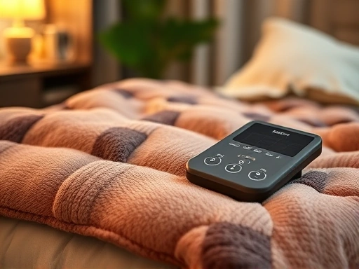 A close-up shot of a modern electric blanket with its control panel, emphasizing its low power consumption and comfort for personal heating, against a cozy home background.