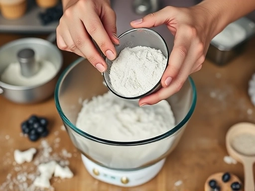 Close-up on a pair of hands precisely measuring flour into a mixing bowl using a digital kitchen scale, with other baking tools slightly blurred in the background, focusing on the detail of accurate measurement.