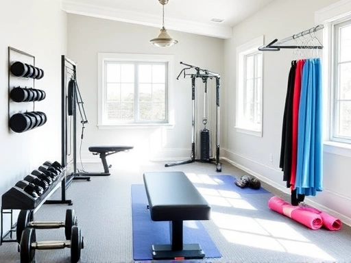 A bright, modern home gym with various exercise equipment like dumbbells, a bench, and yoga mats, showcasing a clean and organized space that highlights the cost-effectiveness of a personal fitness area.