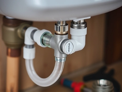 Close-up of a household water connection point with a transparent hose attached to a plumbed-in ice maker, showing a neat and secure installation process with tools nearby, emphasizing a DIY approach.