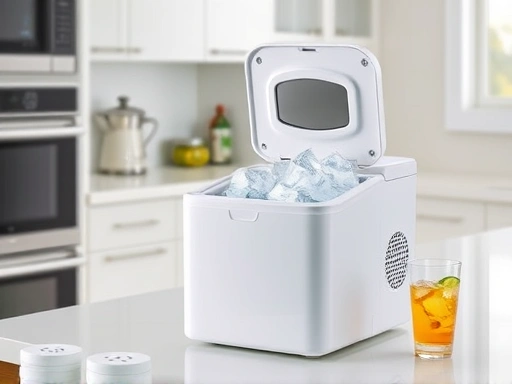 A clean, modern kitchen scene with a compact, portable home ice maker on a countertop, actively producing clear ice cubes into a basket. Focus on ease of use, with a refreshing drink beside it.