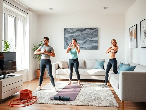A modern, clean living room with various compact home training equipment subtly integrated, emphasizing space efficiency and a healthy lifestyle. People are casually exercising, showcasing different body types and ages. Focus on natural lighting and a minimalist aesthetic. Include resistance bands, a yoga mat, and small dumbbells.